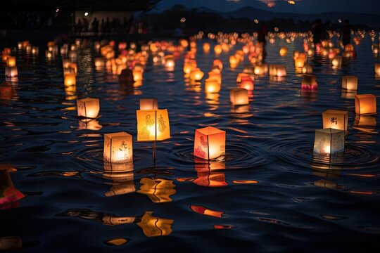 Memorial Day Celebration: Paper Lanterns Floating Across Asian Lake at Night: Generative AI