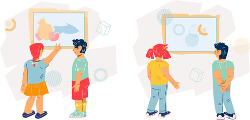 Kids in art museum or gallery, set of scenes or banners with kids looking at exhibits. Excursion for children to the art museum.