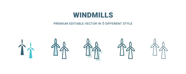 windmills icon in 5 different style. Outline, filled, two color, thin windmills icon. Editable vector can be used web and mobile