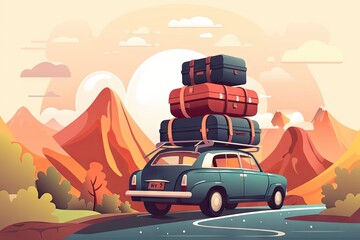 car with suitcases on the roof, driving through beautiful landscape, created with generative ai