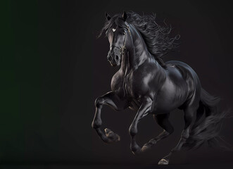 Obraz na płótnie Canvas Black horse with a mane on a dark background. Horse. Banner. Copy space. Generative AI