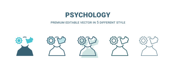 psychology icon in 5 different style. Outline, filled, two color, thin psychology icon. Editable vector can be used web and mobile