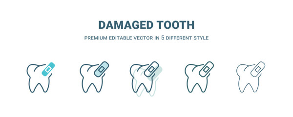 Fototapeta premium damaged tooth icon in 5 different style. Outline, filled, two color, thin damaged tooth icon. Editable vector can be used web and mobile