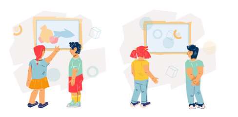 Kids in art museum or gallery, set of scenes or banners with kids looking at exhibits, flat vector illustration isolated on white background. Excursion for children to the art museum.