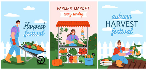 Obraz premium Set of farmer market and harvest festival banners or posters. Buy fresh organic products from the local farmers market. Concept of seasonal agricultural fair.