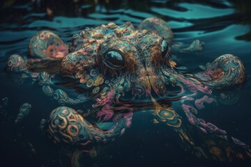 Fototapeta na wymiar trippy creature of the deep, floating on the water surface, created with generative ai