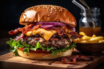 Craft beef burger with cheese, bacon, caramelised onion and rocket leafs on wood table and rustic background