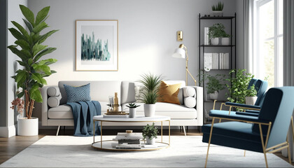 Modern Living Room with White Sofa and Blue Armchair