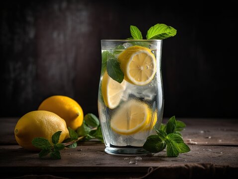 Lemonade with fresh lemon and mint leaves on dark wooden background. AI