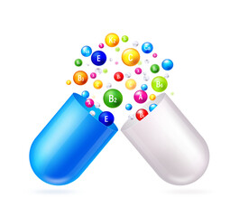 Open capsule pill with falling out colored molecules in realistic style isolated on transparent background