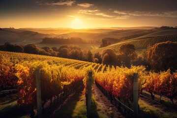 Fototapeta na wymiar magnificent vineyard, with rolling hills and autumn sun setting behind the vines, created with generative ai