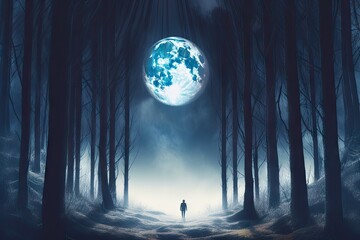 person, walking through a dreamlike forest, with the moon shining above, created with generative ai