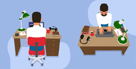 vector flat of a man working with a computer at his desk 