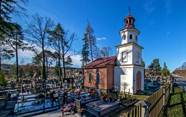 Built in 1875, the cemetery chapel of All Saints, now Roman Catholic and formerly Uniate and Orthodox, Saint Panteleimon in Supraśl in Podlasie, Poland.