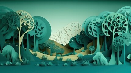 Paper cut of a fantasy landscape with houses, trees and mountains. Natural Environment, 3D illustration, Generative Ai