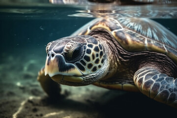 Cute Big turtle swimming under clear ocean. Generative AI
