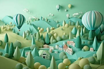 Fototapeta premium Paper cut of a fantasy landscape with houses, trees and mountains. Natural Environment, 3D illustration, Generative Ai
