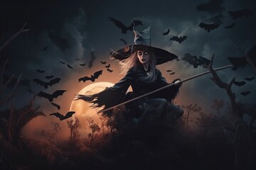 Halloween witch flying on broomstick in dark forest with full moon - obrazy, fototapety, plakaty