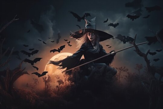 Halloween witch flying on broomstick in dark forest with full moon