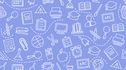 Horizontal school seamless pattern with handdrawn doodle icons