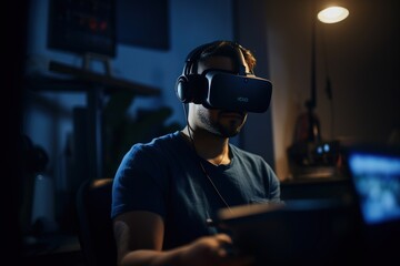 A man sitting at home office and using VR glasses and laptop for remote work. AI generated