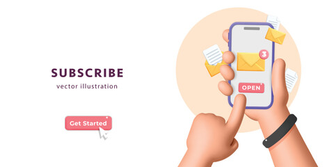 3d vector subscribe banner template with hand holding  smartphone with new incoming email design