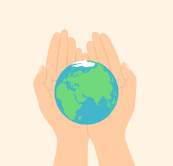 The hands holding the planet Earth in palms. Vector illustration in flat style