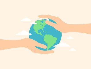 Hands holding planet Earth on a beige background. Flat vector illustration
