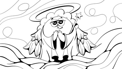 Illustration in line style comic cartoon character dumpling angel. It can be used as art, print, pattern, coloring book, etc.
