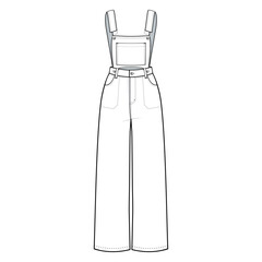 Detachable Denim Overalls Pants fashion flat technical drawing template. Dungarees technical fashion Illustration, front view, white, CAD mockup set.