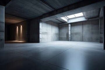 Interior of a modern empty room with concrete walls and concrete floor. Light from the window, Generative Ai