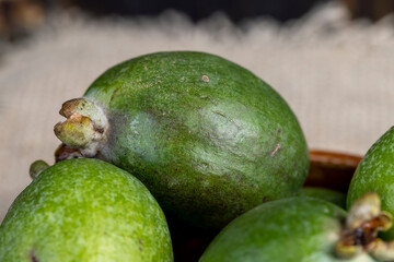Delicious sweet and sour green feijoa on the table