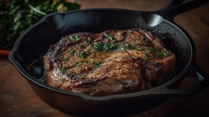 A beautiful steak being cooked to perfection on a pan. AI-generated image