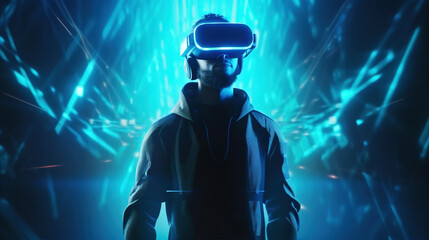 Fototapeta na wymiar Man wearing vr glasses in cyberspace. Metaverse, VR, AR concept. AI