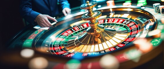 Banner Casino game roulette wheel spinning. Generation AI