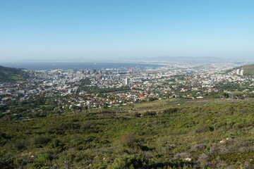 Fototapeta na wymiar Panoramic view on Cape Town and Atlantic ocean from the foothill of Table Mountain overgrown by green grass and bushes. Townscape is from the base station of cable car which is running on the top.
