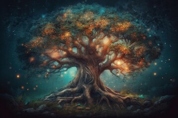 A Tree in the Night with glowing branches in the style of vibrant illustrations, earth tone colour palette, realistic colour palette, dreamlike illustrations, Generative Ai
