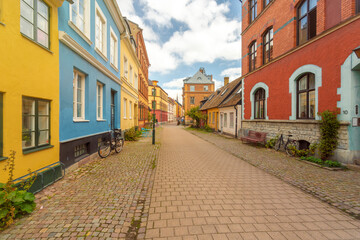 Fototapeta na wymiar Copplestone street in the old city of Malmo with colorful historic houses