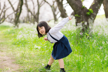 桜並木を走る幼稚園の制服を着た年長クラスの女の子