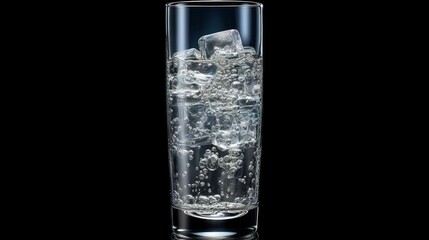 Fresh sparkling water cool and ice cube in glass tall on dark blurred background. AI generated