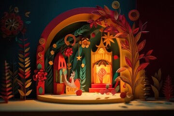3d illustration of a Christmas tree and decoration made of Colorful paper on the background of Christmas decorations. New Year concept. Selective focus, Generative Ai