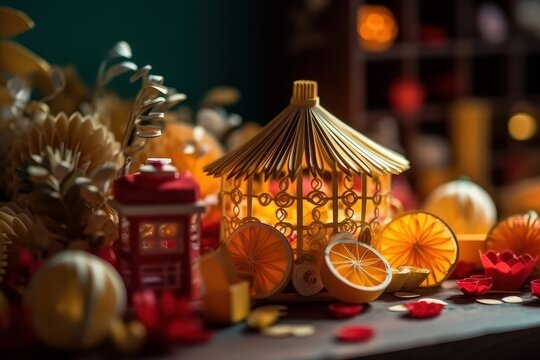 Lantern with candies on wooden table, selective focus, Generative Ai
