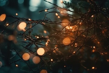 Christmas lights garland on a tree branch in the forest. Festive Christmas background, Generative Ai