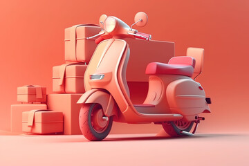 Delivery motor bike with food boxes on pink background. Delivery service concept created with Generative AI