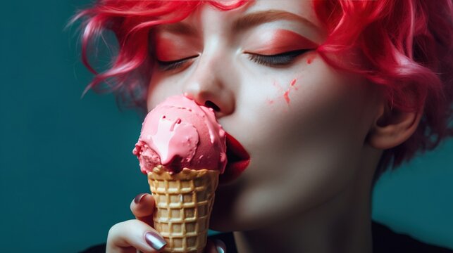 Outdoor closeup fashion portrait of fictional young hipster crazy girl eating ice cream in summer hot weather, having fun and good mood. AI