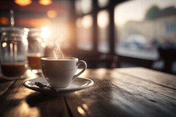 Coffee cup on a wooden table in a coffee shop with sunlight, generative Ai
