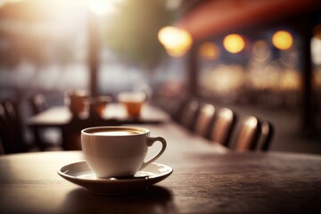 Coffee cup on wooden table in a coffee shop with bokeh background, generative Ai