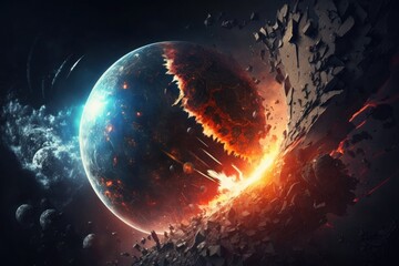 Fractal 3d rendering of an asteroid in space.  space blast scene, in the style of destroyed gadgets sculptures, dramatic atmospheric perspective, spherical sculpture, Generative Ai