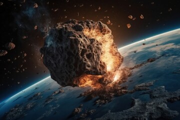 An asteroid hitting the earth, falling from the sky, causing a huge impact, in the style of photorealistic pastiche, eroded surfaces, abstract expressionist explosions, Generative Ai