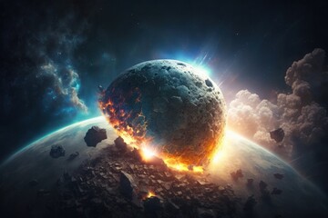 An asteroid hitting the earth, falling from the sky, causing a huge impact, in the style of photorealistic pastiche, eroded surfaces, abstract expressionist explosions, Generative Ai